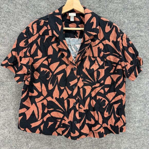 A New Day Shirt Women M Medium Black Geometric Collared Linen Short Sleeve - Picture 1 of 7